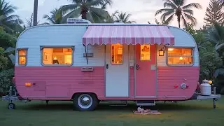 Vintage Dark-Pink Camper Tour | Cozy Retro Camper at Dusk
