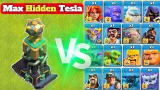 TH-14 Max Hidden Tesla Vs all Troops - Clash of clans