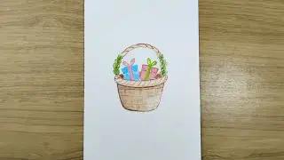 Gift box in basket painting with watercolor on paper 