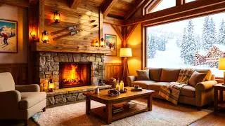 Bright Winter Day at Ski Lodge ☀️ Heavy Snow & Fireplace [7 Hours]