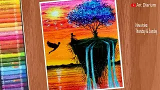 Fantasy Sunset Scenery drawing / Oil Pastel Drawing Step by step - for Beginners