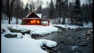 Cozy Winter Cabin with Wrap-Around Porch on Snowy Creek | Light Snowfall & Gentle Stream | 90 min 4K