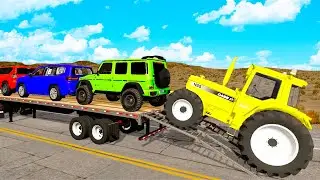 Triple Flatbed Trailer McQueen Transportation with Truck - Speedbumps vs Cars vs Train - BeamNG #