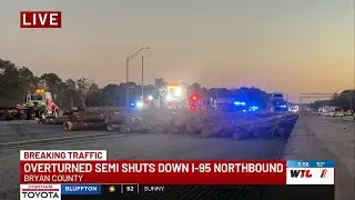 Overturned semi-truck crash on I-95 northbound closes all lanes