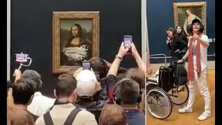 Mona Lisa is ATTACKED with custard pie by man disguised as elderly woman in a wheelchair screaming '