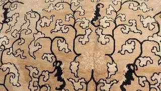 Vintage Chinese Botanic Beige and Black Handmade Wool Rug BB5611