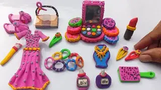 DIY How To Make Polymer Clay Miniature Makeup Set With Eyeshadow ,Pink Dress ,Shoes,Comb |makeup kit