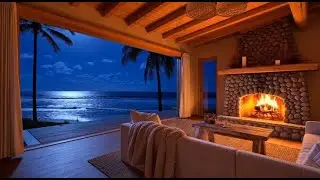 Cozy Beach Bungalow Gentle Waves & Fireplace Ambience | Lofi for Relaxing | Late Night Study