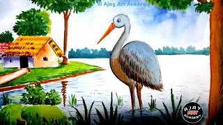 Beautiful Village Landscape Scenery Painting Tutorial|How To Easy Draw A Crane Bird#drawing #art