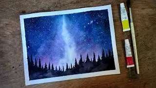 Simple Watercolor Galaxy Forest Painting - Time Lapse Video