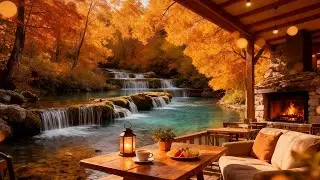 Fall Jazz Music 🍂 Beautiful Waterfall & Cozy Fireplace Ambience  Smooth Jazz for Relax, Study & Foc