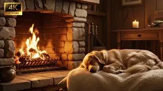 4K Fireplace with Sleeping Dog &ndash; Cozy Crackling Fire Ambience (5H)