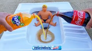 Experiment !! Stretch Armstrong VS Toilet and Underground Coca Cola, Fanta and Mentos
