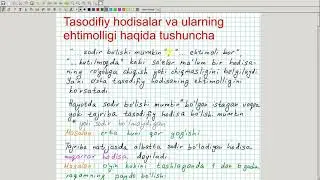 Tasodifiy hodisalar va ularning ehtimolligi haqida tushuncha. Algebra 11-sinf. 47-dars