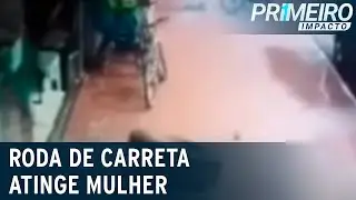 Roda de carreta se solta e atinge mulher na calçada | Primeiro Impacto (02/12/20)