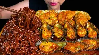 SEAFOOD BOIL MUKBANG ( Scallop, Mussels ) SPICY BLACK BEAN NOODLES