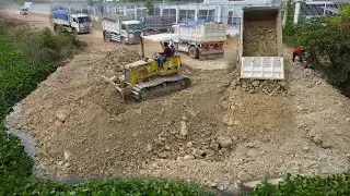 Amazing  Construction Mighty Bulldozer Pushing Rock Making Foundation Village Road With Trucks