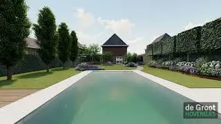 15754 | De Groot Hoveniers | 3D Ontwerp | Tuin met zadeldak buitenverblijf en zwembad | Dag