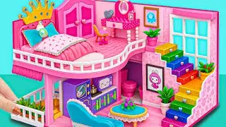 Make Pink 2 Story Miniature House with Queen Bedroom from Paper and Cardboard | DIY Miniature House