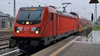 Germany: A DB Regio Class 147 electric loco arrives at Angermunde with a train to Stralsund Hbf