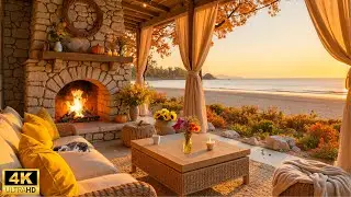 Cozy Autumn Beach Cabin - Gentle Piano Music, Fireplace with Ocean Sounds for Work, Sleep, Relax