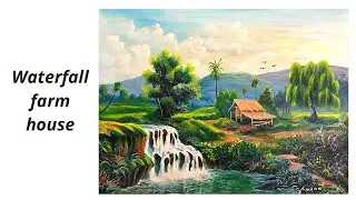 Karen landscape painting in time lapse / acrylic paints/waterfall/ farm house