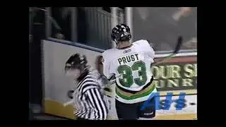 OHL Apr. 25, 2005 Brandon Prust,LDN v Matt Lashoff,KIT (hit) London Knughts Kitchener Rangers