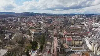 Aerial view of Bern, Switzerland, featuring the districts of Kirchenfeld and Langgasse with its