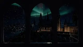 4K Hogwarts Aurora Night Window &ndash; Snow & Wind Sounds for Sleep, Relax, Reading