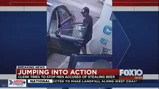 Surveillance video shows two men stealing beer from gas station
