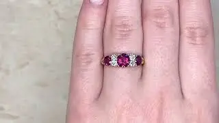 Cushion Cut Ruby and Old Mine Cut Diamond Edwardian Five Stone Ring - Bergen Ring - Hand Video
