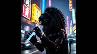 🎶 Cyberpunk Riff: Futuristic Lion Playing a Holo-Flute in Neon Streets 🌆
