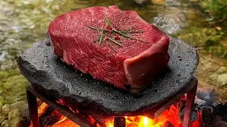 Cooking a Giant Steak on Hot Stone by the River.