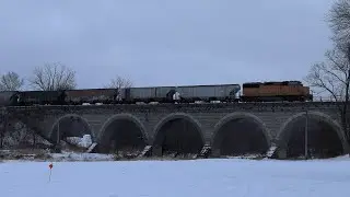 Union Pacific SoBo local on return trip in the snow & going across the stone arch bridge! 1/17/2021