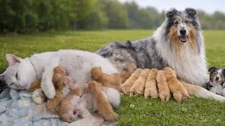 Mother cat and mother dog are breastfeeding their kittens, and playing on the green grass ❤️