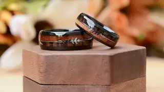 Black Tungsten Ring Sets with Koa Wood Inlay and Sleek Silver Feathered Arrow