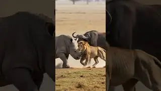 Rhino vs Lion Fight! Buffalo Joins to Save Rhino​ #AnimalBattle #RhinoVsLion #buffalorescue