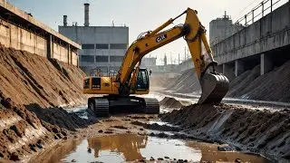 CAT Excavator digging Power Plant Water Trench Flooded Mud Filled Working together Excavator