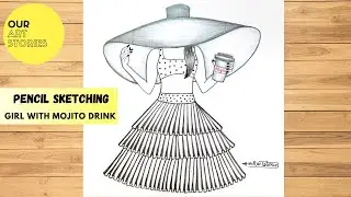 How to DRAW A GIRL WITH MOJITO DRINK.. GIRL WEARING HAT WITH SUMMER DRINK DRAWING.. @OurArtStories