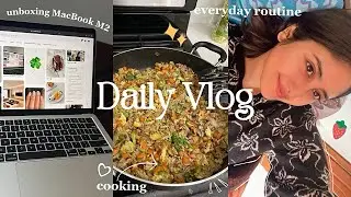 MacBook Air M2 Unboxing & Setup *starlight*| Daily routine ( Skincare, running errands, cooking 🍳)