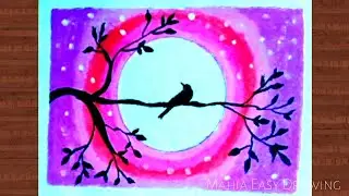 Moonlight Drawing🌕|Oil Pastel Drawing For Beginners|How To aDraw An Bird|#moonlight