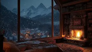Snowy Mountain Cabin Ambience | Crackling Fireplace & Soft Snowfall for Deep Sleep and Study