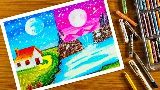 How to draw riverside village scenery I riverside moonlight scenery drwing I waterfall scenery