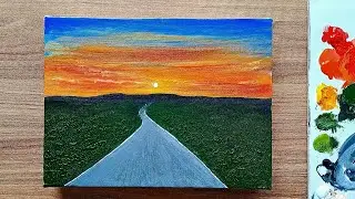 Easy way to draw sunset road Acrylic Painting | step by step for beginners