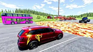 HT Gameplay Crash # 98 | Bus Cars Monster Trucks Crash vs Giant Lava Pit