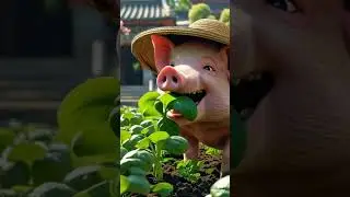 A happy pink pig joyfully eating spinach in a garden #happypig