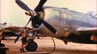 USAAF 464th Fighter Squadron crew members refuel P-47N on Ie Shima, near end of W...HD Stock Footage