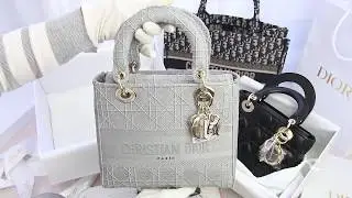 Dior Medium Gray Stone Lady D lite Embroidered Cannage Bag 灰色金釦中型刺繡帆布手提肩背包-Charline Boutique歐洲名牌精品代購