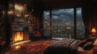 4K Storm Ambience | Rain, Thunder & Warm Fire Sounds
