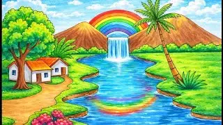 Beautiful village scenery drawing/प्राकृतिक दृश्य चित्र  सिखाये @EasyDrawing24 